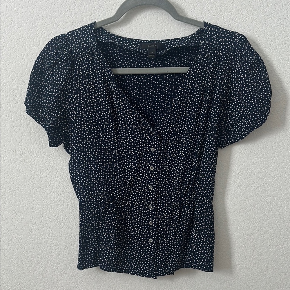 J. Crew Blue Fitted Blouse with V-Neck and Puffed Sleeves